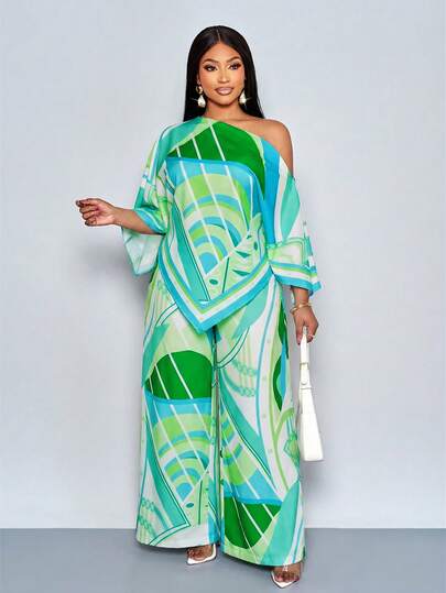 SOLERSUN Plus Size Women's Spring/Summer Casual Elegant Apricot Print Asymmetrical Collar Asymmetrical Hem Shirt With Off-Shoulder And Slit Sleeves. Loose Fit And Stylish. Geometric Floral Print Batwing Sleeves. New And Versatile Style. Suitable For Spring And Summer Wear, Everyday Commuting, And Outings.