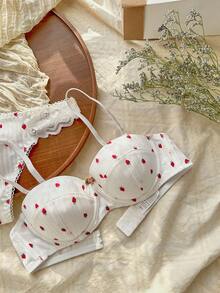 Ladies Lace Splice Strawberry Print Underwire Bra And Panty Set (2 Pieces), Lingerie, Kawaii - White - View 6