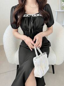 FRIFUL 女士优雅撞色蕾丝花瓣袖连衣裙，夏季 - 黑色 - 查看 4