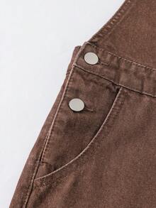 少女款柔软水洗百搭时尚舒适休闲宽松直筒牛仔裤，带侧袋、仿松紧腰带和前贴袋，棕色水洗，夏季款 - 棕色 - 查看 8