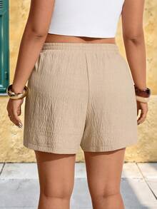 Breezaya Plus Size Comfortable Tie-Up Laser Cut Hollow Out Boho Style Shorts - Apricot - View 2