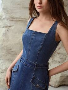 MOTF PREMIUM ĐẦM DENIM CÓ TÚI TIỆN DỤNG MÙA XUÂN/HÈ - Rửa trung bình - Xem 1