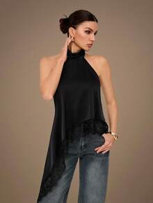 SHEIN Tall 优雅蕾丝边露背吊带背心，性感缎面拼接无袖上衣，适合派对、鸡尾酒会、正式场合、圣诞节、商务休闲等场合。 - 黑色 - 查看 4