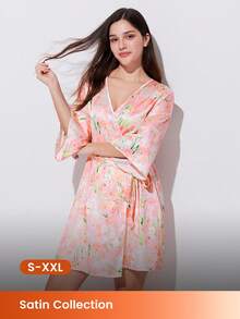 LUVLETTE Women's Summer Airy Floral Satin Robe - Lightweight Tie-Waist Sleep Dress Airy Summer Nightwear Pyjama - Pink - View 1