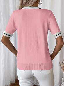 SHEIN LUNE 女士基础款休闲短袖针织上衣 - 粉色 - 查看 2