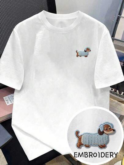 Manfinity Joysei Embroidery Cute Dachshund Dog  Heavyweight Short Sleeve T-Shirt, Unisex Vintage Funny Animal Pattern Casual Couple Tee, Loose Niche Design Round Neck Men/Women Graphic Tee Summer Clothes  White Top  Spring Outfits  Holiday Outfits  T Shirt  Going Out Top  Men Clothes  T Shirt For Women  Spring Tops  Summer Tops For Women  New Ss26 Fashion Summer Tops For Women