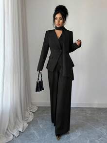 SHEIN Elenzya Women's Solid Color Minimalist Daily Wear Long Sleeve Top And Pants Suit - Black - View 5