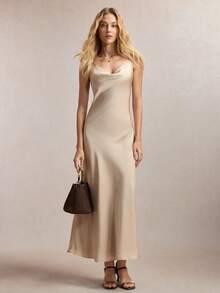 BizChic New Arrival Spring/Summer Adjustable Spaghetti Strap Draped Neck Waist Cinched Apricot Dress, Elegant Office Wear - Apricot - View 2