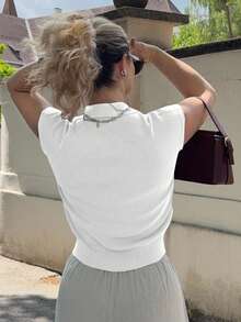 Jeta Ari Women's Fitted Polo Collar Solid Color Knit Sweater Top, Casual For Commuting In Spring/Summer - White - View 2