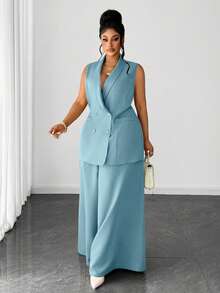 Maweii Plus Size Casual Elegant Suit Set, Blazer And Wide Leg Pants, Suitable For Work And Commute, Autumn/Winter - Baby Blue - View 4