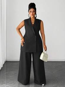 Maweii Bộ vest thanh lịch cỡ lớn, áo blazer và quần ống rộng, phù hợp cho công sở và đi làm, mùa thu/đông. - màu đen - Xem 3