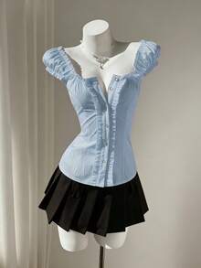 Elamini Áo kiểu nữ tối giản, ngọt ngào, tươi mát, trễ vai, tay cánh hoa xếp nếp, mùa xuân/hè. - Màu xanh nhạt - Xem 5