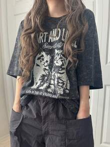 FRIFUL Áo thun nữ tay ngắn dáng rộng, màu trơn và in họa tiết, đa năng cho mùa xuân/hè. - Xám - Xem 3