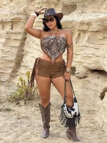 Rustia 大码女式修身复古Y2K棕色流苏系带紧身短裤，性感紧身热裤，适合身材丰满的女士，常规款短裤，低腰修身短裤，春夏+科切拉音乐节/派对 - 棕色 - 查看 8