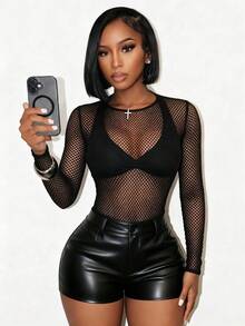 BamGleam 女士性感网纱透视连体衣，女士音乐节连体衣 - 黑色 - 查看 2