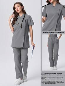 Scrubzie Set Seragam Scrub Wanita Atasan dan Celana Lengan Pendek Kerah Mandarin Anti Kerut dengan Banyak Kancing - Dark Grey - View 1