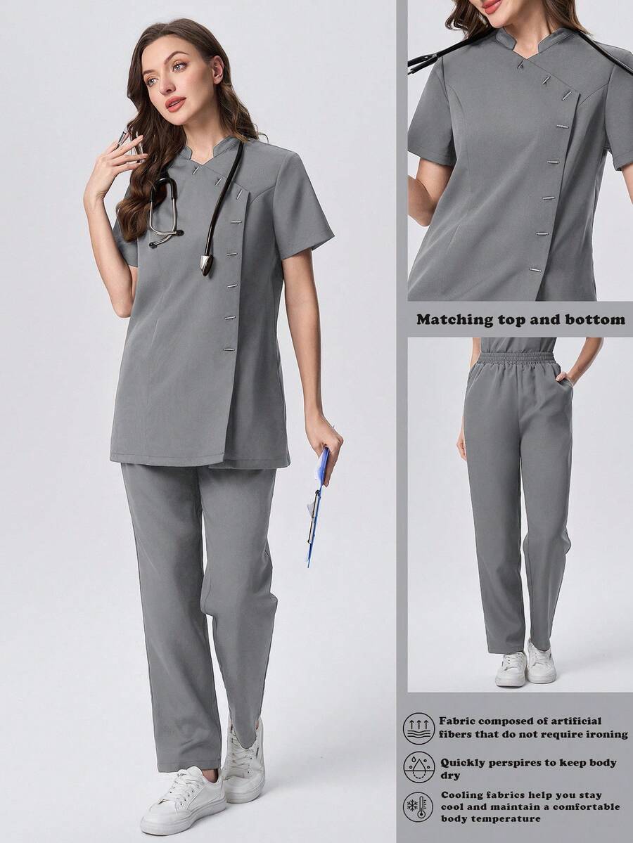 Scrubzie Set Seragam Scrub Wanita Atasan dan Celana Lengan Pendek Kerah Mandarin Anti Kerut dengan Banyak Kancing - Dark Grey - View 1