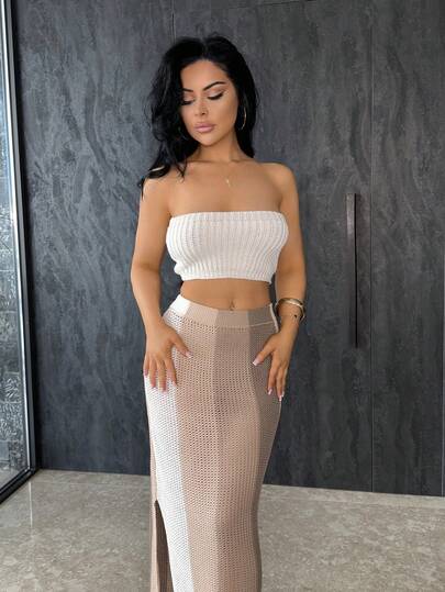 Vassilux 2025新款夏季休闲度假日常约会沙滩装欧美街头风辣妹性感抹胸露脐修身针织白背心+长款半身包臀裙橘色卡其色酒红色白条纹毛呢长裙女士毛衣两件套秋冬狂欢装节日