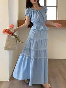 DAZY Bộ đồ mùa xuân hè gồm áo croptop trễ vai màu xanh dương và chân váy chữ A, trang phục đi biển thanh lịch, thoải mái dành cho nữ. - Màu xanh lam - Xem 2