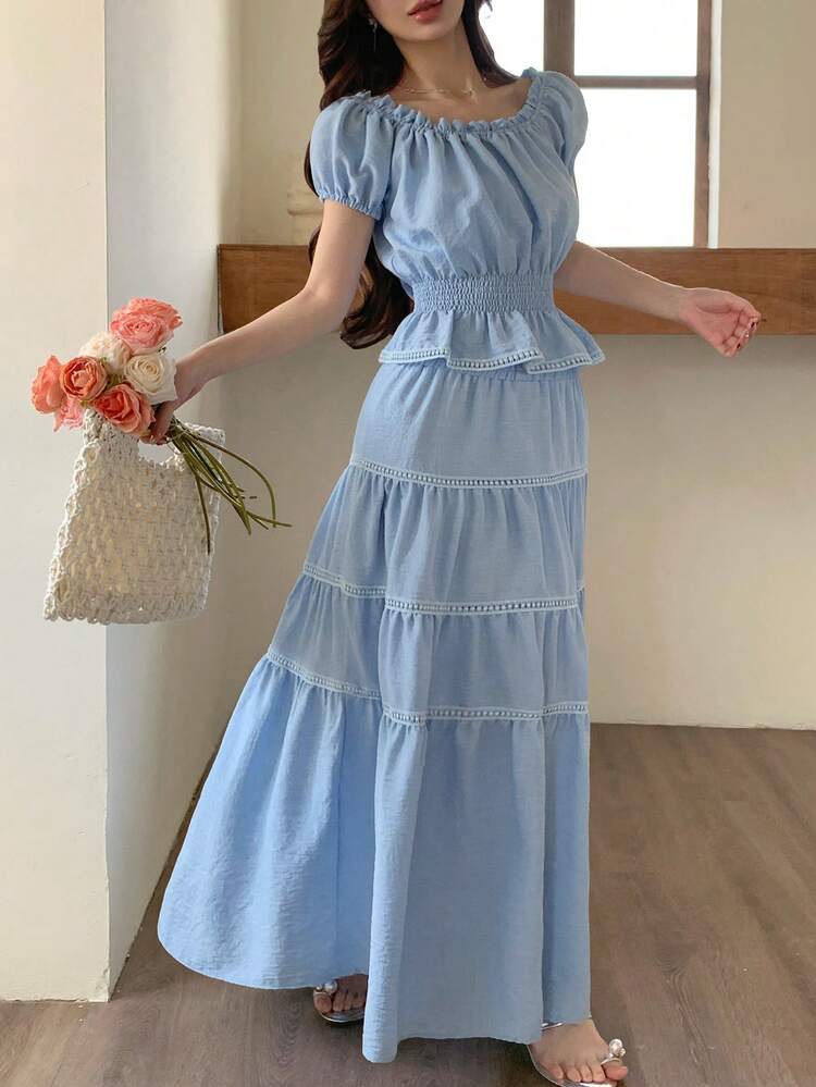 Spring & Summer Blue Off-Shoulder Crop Top + A-Line Skirt Set, Elegant Casual Vacation Beach Outfit For Women