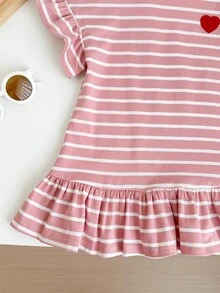 Tween Girl Pink And White Striped Knit Crew Neck Casual Dress, Summer Cute Back-To-School School Fashionable, Versatile For Party, Vacation, Tween Girl Dress - Pink - View 3
