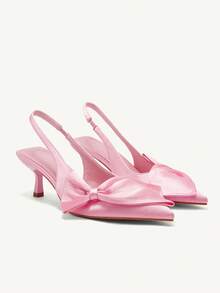 CUCCOO CHICEST Women High Heel Pumps Bow Decor Pointed Toe Slim Heel Slingback Slingback Fashionable Stylish Pink High Heels Spring Shoes Spring Break Easter Prom Heels For Christmas Elegant Shoes Wedding Shoes Spring Shoes Bride Shoes - Pink - View 3