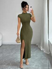 Elenzga Đầm dài nữ cổ đứng, có mũ, eo bo thun, xẻ tà, thanh lịch, thích hợp cho công sở. - xanh quân đội - Xem 3