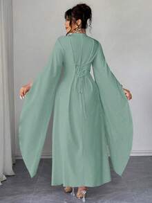 Elenzga Plus Size Women's New Elegant Solid Color Luxury V-Neck Embroidered Slit Long Sleeve Maxi Dress - Green - View 2