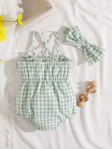 SHEIN Vintaside Kids 2件套女婴时尚可爱条纹露肩连体衣和发带套装，夏季派对 - 綠色 - 查看 2