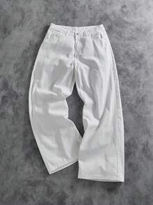 Manfinity ZONE917 Calça jeans masculina casual bordada, solta e de perna larga - Branco - Ver 4