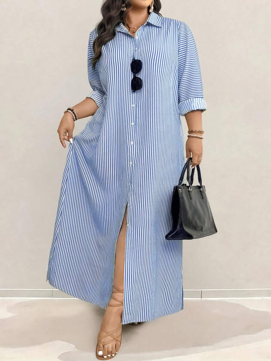 SHEIN CURVE+ 大码女士度假风长款衬衫裙，长袖衬衫裙，撞色条纹，单排扣 - 藍白色 - 查看 1