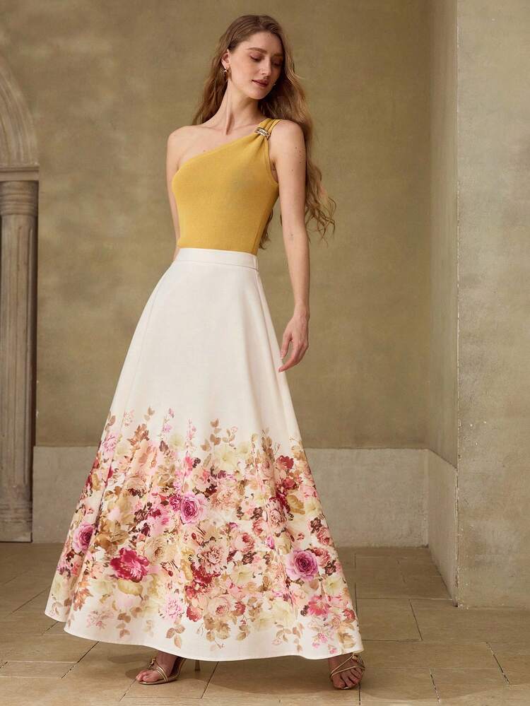 WOMEN'S FLORAL PRINT LINEN-LIKE LONG SKIRT, CASUAL & DATE WEAR, SPRING/SUMMER