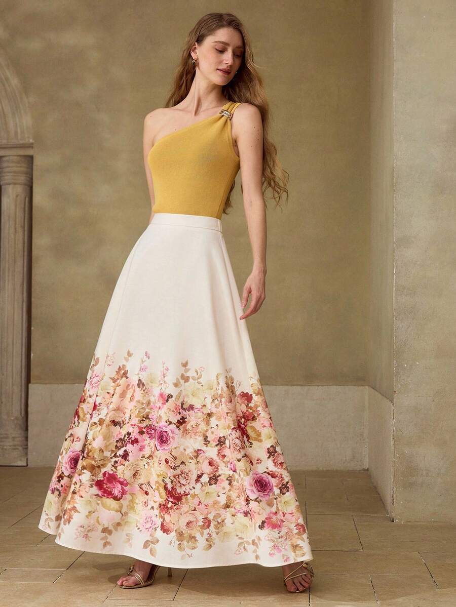 MOTF PREMIUM WOMEN'S FLORAL PRINT LINEN-LIKE LONG SKIRT, CASUAL & DATE WEAR, SPRING/SUMMER - Multicolor - View 1