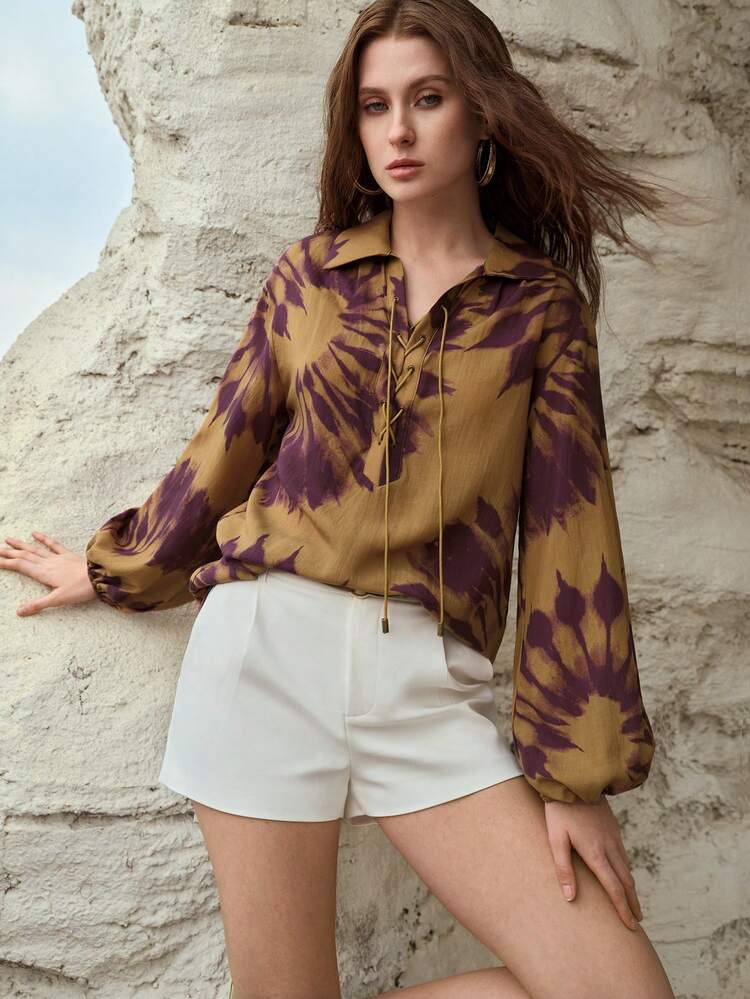 LINEN BLEND PRINTED LACE UP SHIRT, SPRING/SUMMER