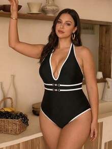Swim Chiccia 2026 New Summer Beach Vacation Elegant Swim SXY Women Deep V-Neck Tie Faux Pearl Decor Contrast Color Casual Beach Bikini Set, Suitable For Summer Beach Vacation Plus Size One-Piece Swimsuit - Black - View 6