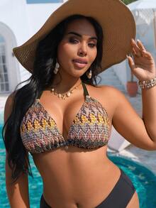 Swim Vcay Áo bikini mùa hè cỡ lớn dành cho nữ, nhiều màu sắc, chất liệu jacquard, kiểu dáng gợi cảm, cổ yếm buộc dây, thiết kế cúp ngực tam giác, trang trí mặt dây chuyền hình vỏ sò, thích hợp cho kỳ nghỉ biển và tiệc tùng. - Nhiều màu - Xem 7