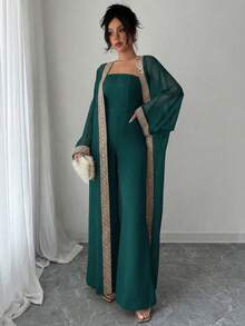 Rafferiza Women's Strapless High-End Jumpsuit With Extra Long Gold Lace Patchwork Chiffon Shawl 2 Pieces Set - Dark Green - View 4