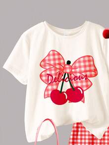 Cute Mini Red Plaid, Cherry Pattern, Tween Girl Casual Minimalist Short Sleeve Round Neck T-Shirt And Shorts 2-Piece Set, Suitable For Summer Vacation - Multicolor - View 4