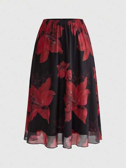 ROMWE Plus Size Women's Floral Lily Print A-Line Skirt