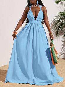 Slaydiva 女士性感纯橙色深V领露背交叉系带长裙，夏季度假 - 藍色 - 查看 6