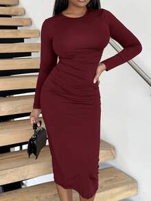 Alexandranx Robe longue à manches longues noire avec taille plissée, pour soirée - Rouge foncé - Voir 3