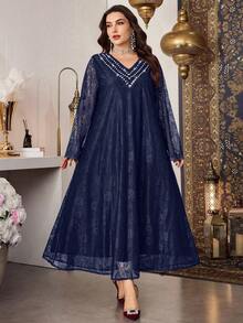 Al Najma Plus Size Women's Lace Fabric Beaded Collar Elegant Dress, Spring/Summer - Navy Blue - View 2