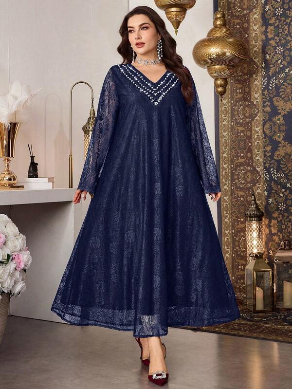 Al Najma Đầm ren cổ đính hạt cườm thanh lịch dành cho nữ cỡ lớn, thích hợp cho mùa xuân/hè.