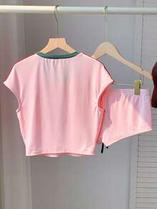 Comfortcana 2026 New Arrival Summmer Women's Casual 80s Graphic Printed V-Neck T-Shirt Shorts 2-Piece Set Festival Outfits For Women Beach Everyday Outfit For Women Vacation Outfits Women Women's Sportswear Y2k Graphic Light Pink Outfit Tennis Outfit For Women Set Teen Girl Outfits Set For - Pink - View 2
