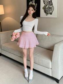 SHEIN K-Vae 新款蕾丝边A字迷你裙，春夏款 - 粉色 - 查看 3