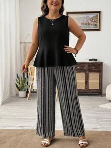 SHEIN LUNE Black Casual Top + Retro Striped Printed Pants 2-Piece Set, Vacation Style Suitable For Spring/Summer, Plus Size - Multicolor - View 4