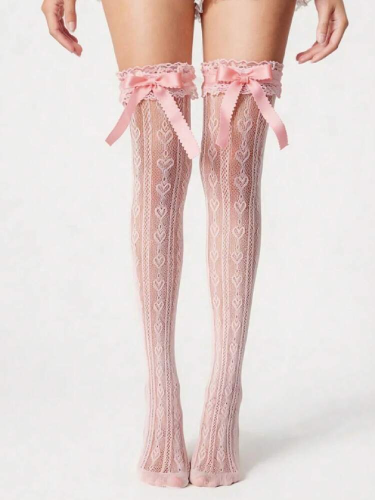 ROMWE Kawaii 1入女款粉色蕾絲蝴蝶結透視膝上襪，蘿莉塔風格鏤空蕾絲女襪 - 粉 - 查看 3