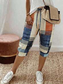 Tropvida Plus Size Women Patchwork Color Casual Versatile Capri Pants For Daily Wear - Multicolor - View 1