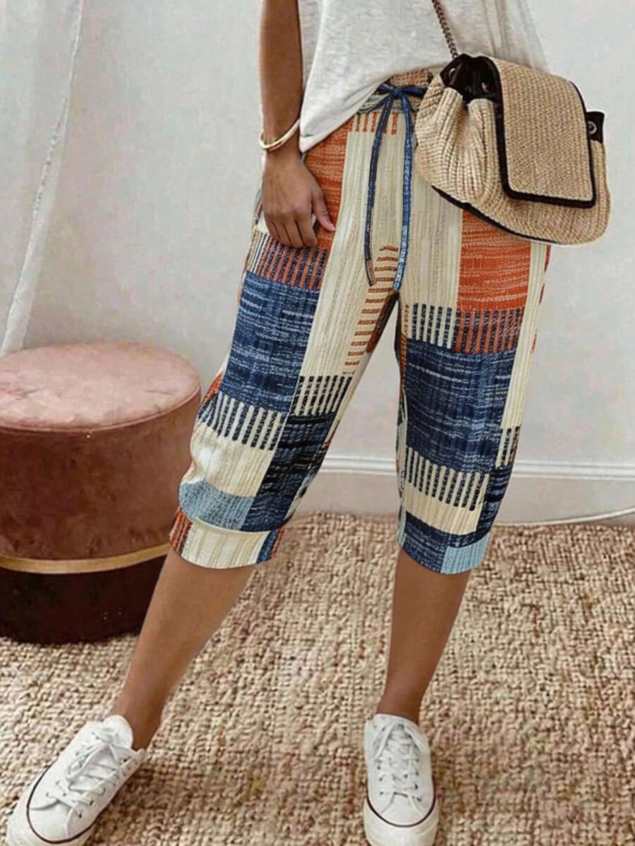 Tropvida Plus Size Women Patchwork Color Casual Versatile Capri Pants For Daily Wear - Multicolor - View 1