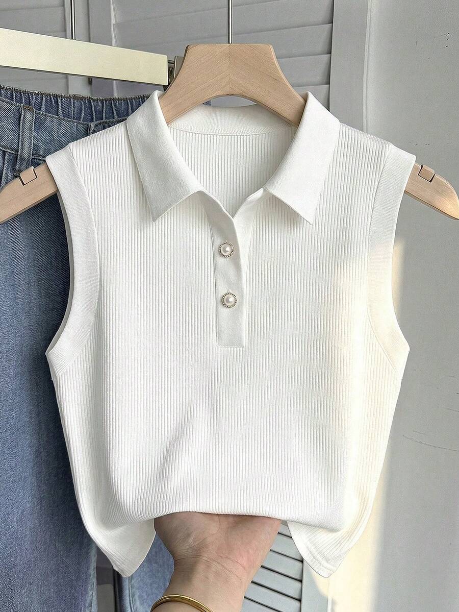 SHEIN Tween Girls' White Knit Ribbed Polo Collar Casual Minimalist Elegant Sleeveless Fitted Tank Top - White - View 1